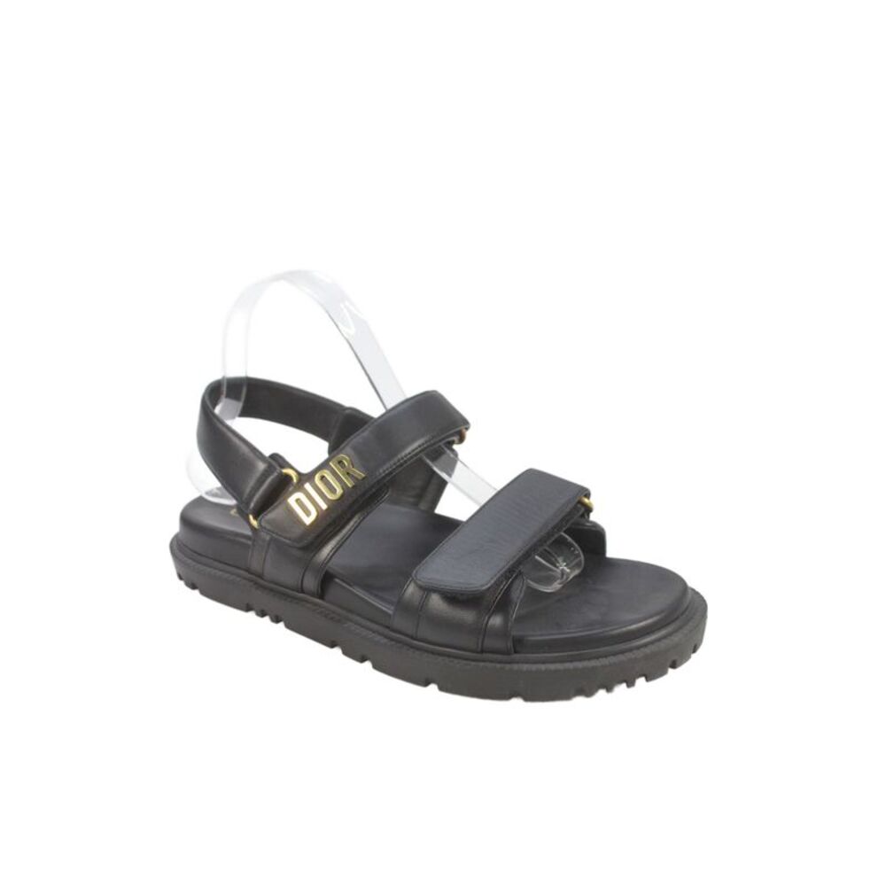 Christian Dior Women's Calfskin Gold Hardware Flat Sandals Black Size 39.5